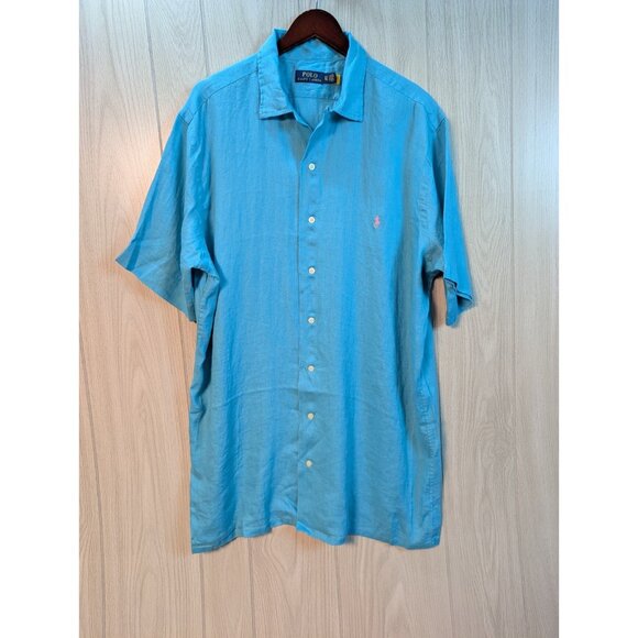 POLO RALPH LAUREN Mens Classic Fit Linen Short Sleeve Button Up Shirt Blue XLT - Picture 1 of 7